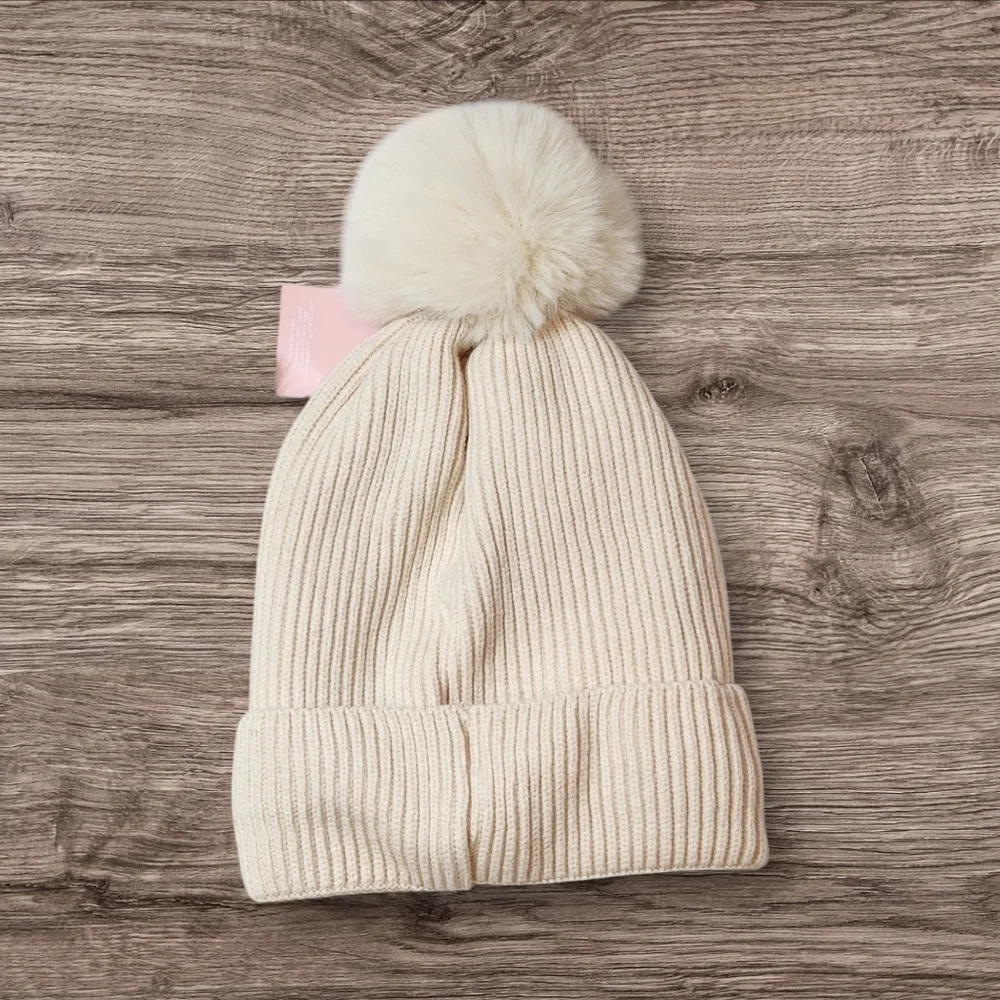 Juicy Couture Beige Charm Faux Fur Pom-Pom Beanie